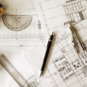 Image of engineering objects on workplace top view.Construction concept. Engineering tools.Vintage tone retro filter effect,soft focus(selective focus)